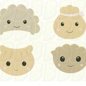 May include: Four cartoon illustrations of different types of dumplings with smiling faces. The dumplings are beige and have a simple design.