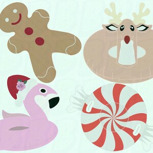 May include: Four inflatable pool floats in a light blue background. The floats include a gingerbread man, a reindeer, a flamingo wearing a Santa hat, and a red and white peppermint candy.