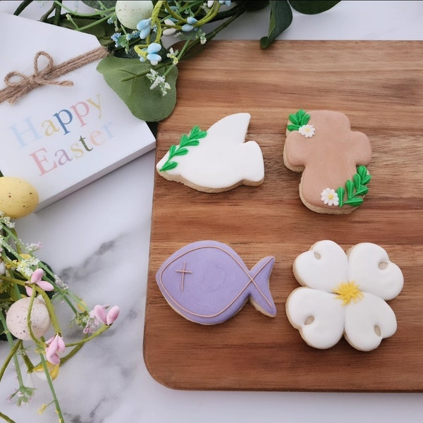 4pc Easter Religious Mini Cookie Cutter Set - Dove - Cross - Dogwood Flower - Fish - Fondant Cutter - Clay Cutter - Mini - He is Risen