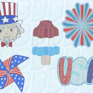 May include: A collection of patriotic illustrations featuring Uncle Sam, a red, white, and blue popsicle, a pinwheel, a starburst design, and the word "USA". The designs are in a cartoon style, perfect for Independence Day.