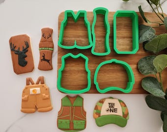 5pc Hunting Cookie Cutter Set - Baby Shower  - First Birthday - Deer Call - Hat - Baby Coveralls  Waders - Hunting Vest - Deer Plaque