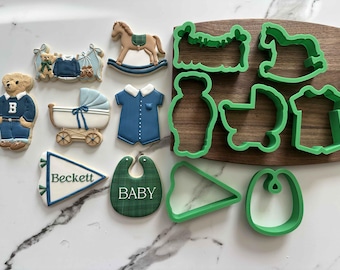 Preppy Chic Bear 7pc Baby Shower Cookie Cutter Set: Rocking Horse, Banner, Carriage, Polo, Bib, Pennant