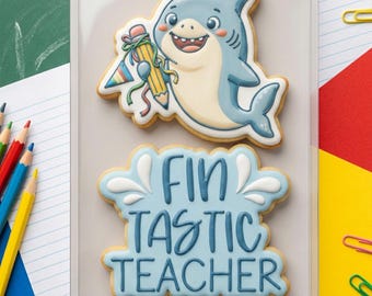 Juego de 2 cortadores de galletas Fintastic Teacher - Agradecimiento al profesor - Placa con nombre de tiburón - Lápices - Cajas - Escuela - Regalos para profesores