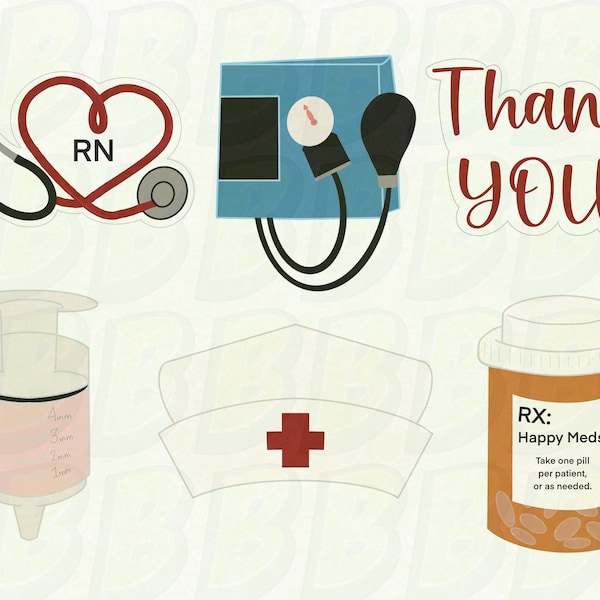 6pc Nurse Cookie Cutter Set - Nurse Appreciation - Clinical Cookies - Thank You - Stethoscope - bp Cuff - Bottle - CNA - RN - APRN