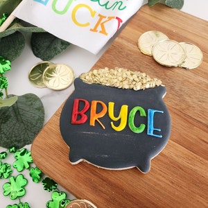 May include: A black cookie decorated to look like a pot of gold with the name "Bryce" written in rainbow colors. The cookie is sitting on a wooden surface with gold coins.
