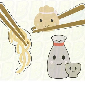 May include: A set of three cartoon-style illustrations of Japanese food and drink. A brown and white dumpling with a pink ribbon, a pair of brown chopsticks holding noodles, and a gray sake bottle with a red stripe and a small gray cup.