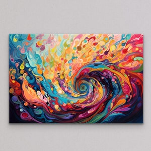 Puede incluir: Pintura abstracta con colores que giran en azul, amarillo, rojo, naranja y verde. Los colores se mezclan para crear una sensación de movimiento y energía. La pintura es una obra de arte vibrante y colorida.