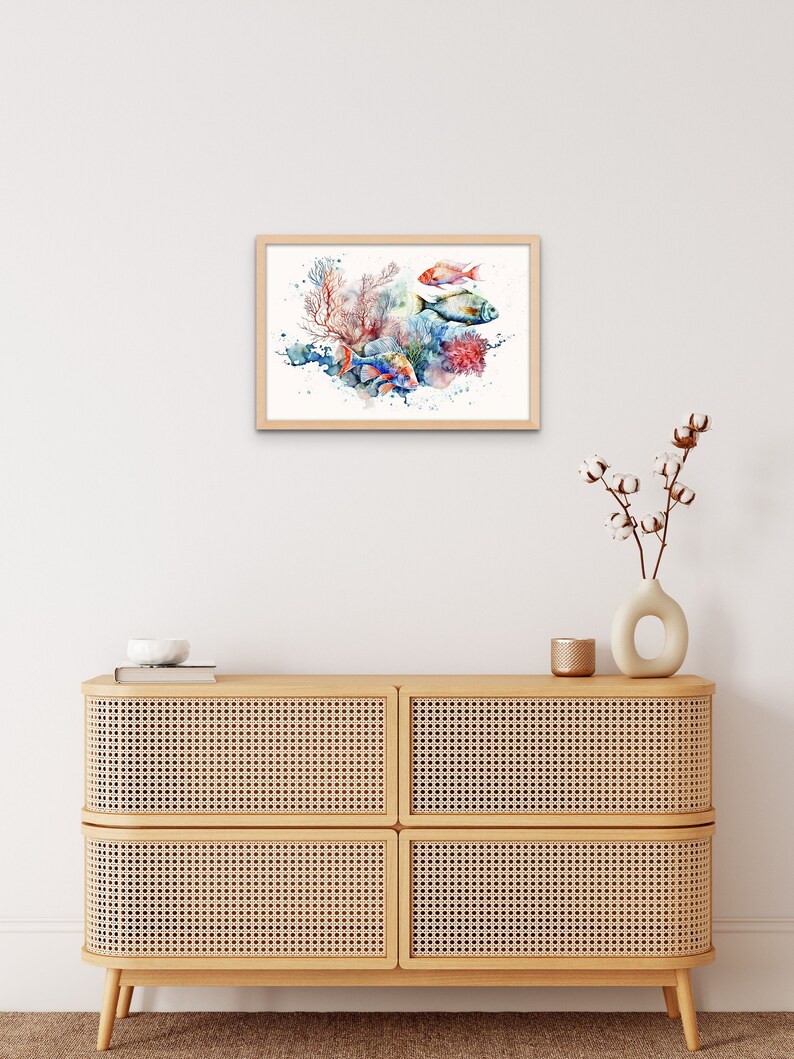 Coral Fish Watercolor Beach Wall Art and Animal Décor, A Playful