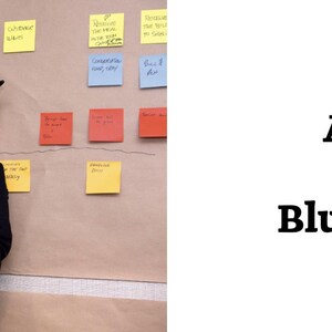 May include: A person with long brown hair writing on a brown paper surface covered with yellow, blue, and red sticky notes. The text "A Guide to Service Blueprinting" is on the right side of the image.
