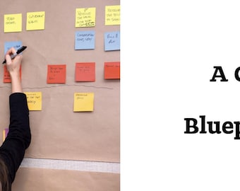 May include: A person with long brown hair writing on a brown paper surface covered with yellow, blue, and red sticky notes. The text "A Guide to Service Blueprinting" is on the right side of the image.