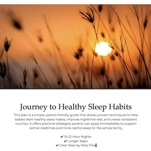 May include: An image of a sunset with tall grass silhouettes in the foreground. The sun is a bright white circle in the center of the image. Text at the bottom reads "Journey to Healthy Sleep Habits" and describes a guide for babies.
