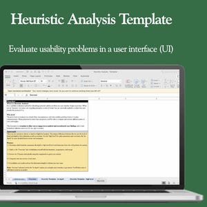 Puede incluir: Un ordenador portátil que muestra una plantilla de hoja de cálculo para un análisis heurístico. La plantilla se titula "Plantilla de análisis heurístico" e incluye instrucciones para evaluar los problemas de usabilidad en una interfaz de usuario (UI).