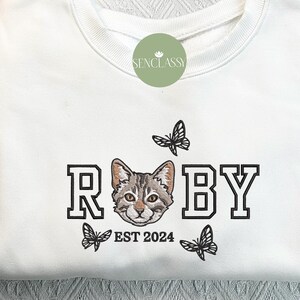 Custom Cat Face With Butterfly Embroidered Sweatshirt, Personalized Pet Portrait From Your Photo, Gift for Cat Lover, Cat Mom Sweater