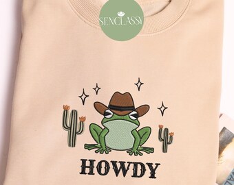 Howdy Frog Besticktes Sweatshirt, Western Cowboy Tshirt, Lustiger Cowboy Frosch Crewneck, Meme Shirt für Frau, Landmädchen Shirt, Frosch-Liebhaber
