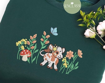 Floral Kuh Mama gesticktes Sweatshirt, Bauernhaus Wildflower Kuh Shirt für Frauen, Kuh Mama Pullover, Kuh-Liebhaber Geschenk, Bauernhof Geschenk, Färse Shirt