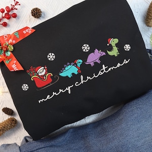 Santa and Dinosaur Christmas Embroidered Sweatshirt, Christmas Vibe Shirt, Funny Christmas Shirt, Women Holiday Sweater, Christmas Gift For