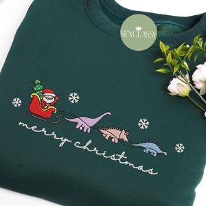 Santa and Dinosaur Christmas Embroidered Sweatshirt, Christmas Vibe Shirt, Funny Christmas Shirt, Women Holiday Sweater, Christmas Gift For