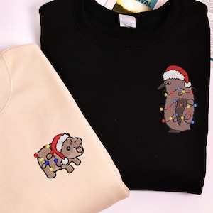 Christmas Moodeng and Pesto Couple Embroidered Sweatshirt, Matching Couple Sweater, Personalized Xmas Couple Hoodie, Bestie Christmas Shirt