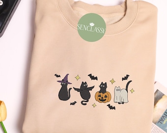 Schwarze Katze Halloween besticktes Sweatshirt, schwarze Katze und Kürbis Shirt, Boo Geist Katzen Shirt, Katzenliebhaber Geschenk, Katzenmutter Pullover, Gruselige Saison