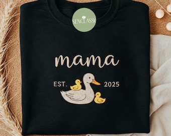 Enten Mutter und Baby besticktes Sweatshirt, individuelles Datum Muttertagsgeschenk für, personalisiertes Geburtstagsgeschenk für Mama, Entenliebhaber Geschenk, Mom Est