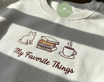 Embroidered Cats Coffee Book Sweatshirt, Book Lover Gift, Cat Mom Shirt, Coffee Lover Sweater, Cat Lover Gift, Cats and Book Mother Day Gift