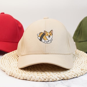 Sushi Corgi Embroidered Baseball Cap, Corgi Gift For Women and Men, Kawaii Corgi Hat, Vintage Washed Hat Embroidery, Classic Mom Dad Hat