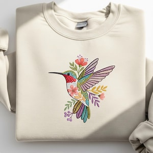 Floral Hummingbird  Embroidered Shirt, Animal Lover Tee, Bird Sweater Trendy Gift For Her, Bird Lover T-Shirt, Spring Bird, Flower Gift