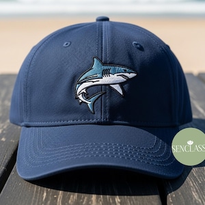 Weißer Hai gestickte Baseballkappe, gewaschene Dad-Hut für Ozean-Liebhaber, Marine-Wildleder-Hut, Sommer-Meerestiergeschenk für Vater, Haifisch-Liebhaber-Hut