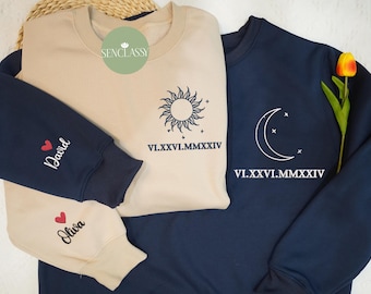 Sun And Moon Roman Numeral Embroidered Sweatshirt, Matching Sweater, Unique Gift For Partner,  Custom Gift For Long Distance Relationship
