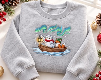Northern Lights Fox & Owl Embroidered Sweatshirt, Aurora Borealis Winter Crewneck, Woodland Animals Boat Shirt, Christmas Gift