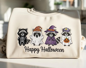 Halloween Raccoon Ghost Embroidered Shirt, Cute Spooky Season Tee Pumpkin Fall Trick or Trash Sweatshirt, Funny Coffee Drinking Raccoon Gift