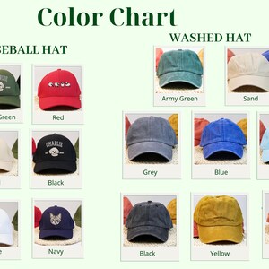 Puede incluir: Carta de colores que muestra diferentes colores de gorras de b&eacute;isbol y gorras lavadas. Las gorras de b&eacute;isbol tienen la palabra "CHARLIE" bordada en ellas. Las gorras lavadas est&aacute;n disponibles en una variedad de colores, incluyendo verde militar, arena, gris, azul, azul claro, negro, amarillo y naranja.