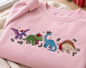 Christmas Dinosaur Embroidered Sweatshirt, Festive Dinosaur Crewneck, Prehistoric Christmas Gift