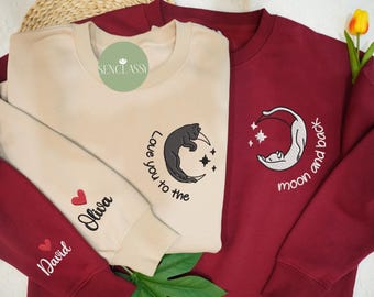 Love You To The Moon And Back Couple Cat Valentine Embroidered Sweatshirt, Matching Couple Sweater, Gift For Girlfriend, Custom Sleeve Name