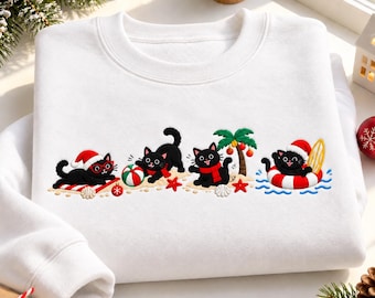 Christmas Black Cat Embroidered Sweatshirt, Tropical Holiday Cats Crewneck, Funny Cat Beach Christmas Shirt, Christmas Gift