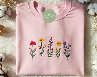 Broderad vildblomströja Söt blommig tröja Personlig botanisk tröja Söt present till våren Broderad tröja till mamma