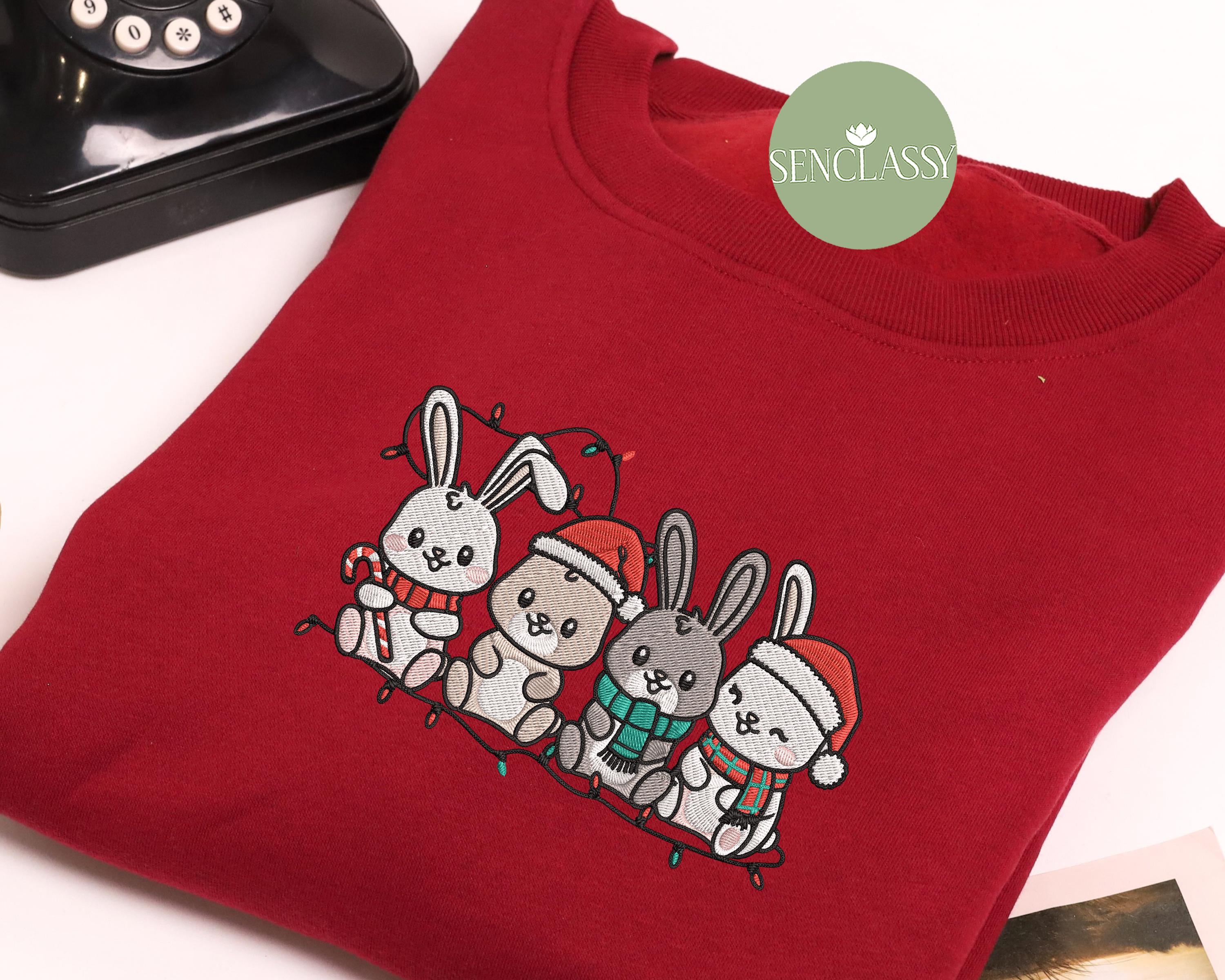★21-22FW新作★LMC★RABBITS SWEATSHIRT Bunny Christmas Lights Embroidered Sweatshirt, Cute Rabbit