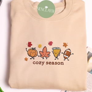 Cute Cozy Season Embroidered Sweatshirt, Autumn Fall Embroidered Crewneck Sweater For Women, Pumpkin Sweatshirt, Cozy Vibes, Fall Apparel
