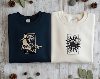 Custom Sun and Moon Embroidered Sweatshirts for Couples, Matching His and Hers Hoodies with Initials on Sleeve, Anniversary Gift Idea