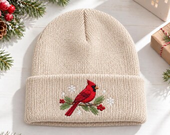 Christmas Cardinal Embroidered Beanie, Red Cardinal Bird Winter Knit Hat, Snowflake Pine Branch Cuffed Beanie, Christmas Gift