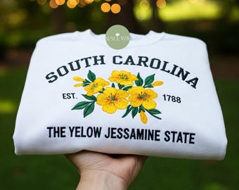 Gesticktes South Carolina gelbes Jessamine Zustand-Sweatshirt, kundenspezifisches US Zustand-Blumen-Stickerei-Sweatshirt, South Carolina 1788 Zustand-Hemd