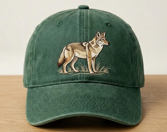 Coyote Embroidered Baseball Cap, Wildlife Hat, Nature Lover Gift, Forest Green Dad Hat, Animal Embroidery Cap