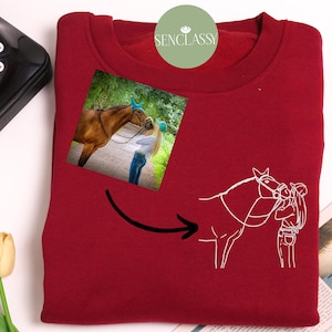 Custom Embroidered Horse Portrait Sweatshirt, Line Art Sketch from Photo Sweater, Personalized Pet Portrait with Name Shirt, Equestrian Gift