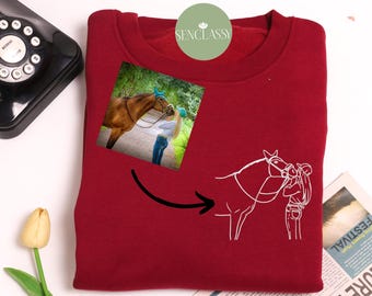 Custom Embroidered Horse Portrait Sweatshirt, Line Art Sketch from Photo Sweater, Personalized Pet Portrait with Name Shirt, Equestrian Gift