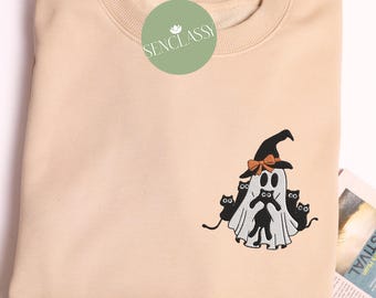 Geist hält schwarze Katze Halloween gesticktes Sweatshirt, schwarze Katze Halloween Shirt, Katzenliebhaber Shirt, Herbst Pullover für Frauen, Katzen Mutter Geschenke