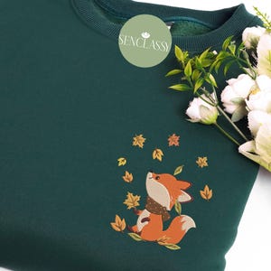 Embroidered Autumn Fox With Fall Leaves Sweatshirt, Funny Animal Shirt, Autumn Cozy Season, Autumn Girly, Woodland Lover Gift for Her
