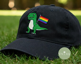 Bonita gorra de dinosaurio con la bandera del arcoíris bordada LGBTQ, divertida gorra de desfile de aliados, regalo del mes del orgullo, gorra del festival de la igualdad para todos.
