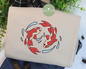 Felpa con ricamo giapponese a forma di pesce koi, felpa con cappuccio ricamata a forma di carpa asiatica, pullover a forma di pesce koi, maglietta con animali della natura, regalo per la pesca, maglione a forma di koi