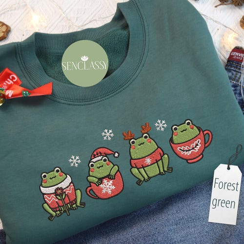 Sweat brodé arbre de Noël grenouille mignon, pull animal de Noël, col rond grenouille de Noël, chemise de vacances femme, chemise amateur de grenouille