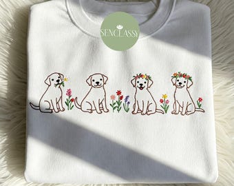 Felpa con ricamo di simpatici Labrador con fiori di campo, girocollo per mamma di Labrador, maglietta floreale per mamma di cani, regalo per amanti dei cani, felpa con cappuccio per mamma di Labrador per proprietari di cani